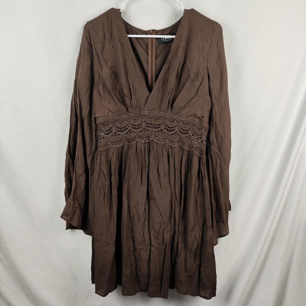 Cider Dress Womens XL Brown Crochet Waist V Neck Long Sleeve Fit & Flare Boho